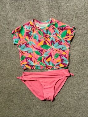 Girls’ Wonder Nation Pink Tropical Print Rash Guard & Bikini Bottoms - L 10/12